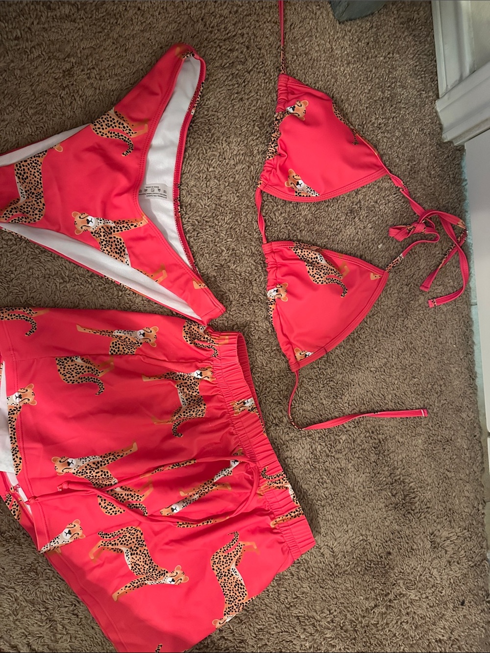 Coral Cheetah Print Bikini Set with Matching Swim Shorts